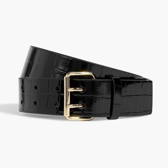 NEW ANINE BING Mila Croc Leather belt in black /silver - Picture 1 of 4